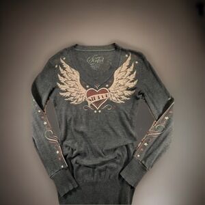 Sinful by Affliction Sweater Women's Large Traditional Tattoo Graphic Print